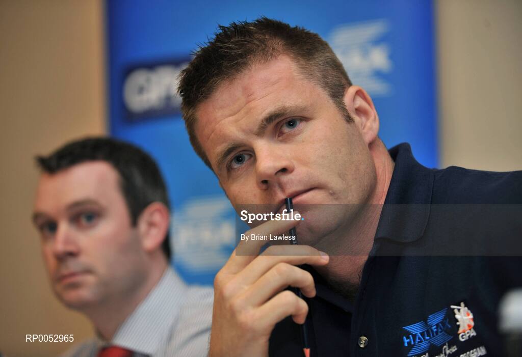 28 May 2008; GPA and Halifax have launched a new hurling initiative aimed at promoting the game in the non-traditional counties. The Hurling Twinning Programme will see counties from the Nicky Rackard Cup paired with their counterparts at McCarthy Cup level. Speaking at the launch is GPA Chief Executive Dessie Farrell and Karl Manning, Director of Sales, Halifax. Jury's Croke Park Hotel, Dublin. Picture credit: Brian Lawless / SPORTSFILE