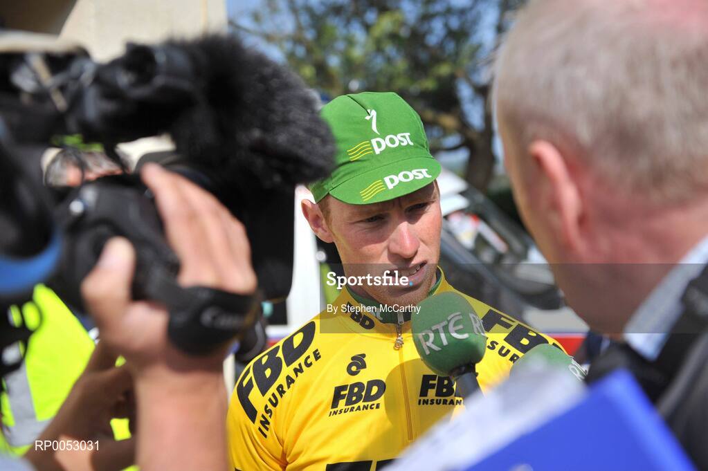 24 May 2008; Race leader Stephen Gallagher, An Post sponsored Sean Kelly team, is interviewed after the race. FBD Insurance Ras 2008 - Stage 7, Clonmel - Roundwood. Picture credit: Stephen McCarthy / SPORTSFILE