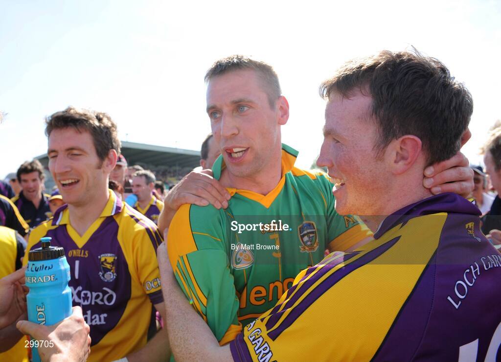 1 June 2008; Matty Forde, 3, Wexford, is congratulated by team-mate David Walsh, right. GAA Football Leinster Senior Championship Quarter-Final, Meath v Wexford, Dr. Cullen Park, Carlow. Picture credit: Matt Browne / SPORTSFILE