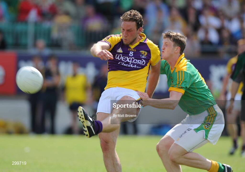 1 June 2008; Rory Stafford, Wexford, is tackled by Kevin Reilly, Meath. GAA Football Leinster Senior Championship Quarter-Final, Meath v Wexford, Dr. Cullen Park, Carlow. Picture credit: Matt Browne / SPORTSFILE