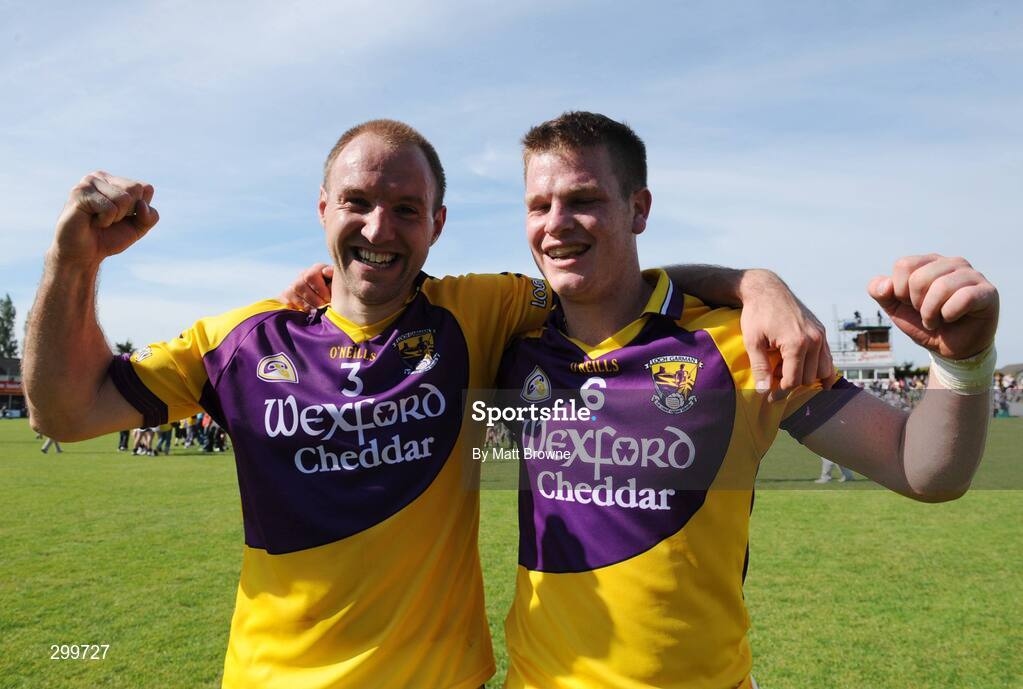 1 June 2008; Philip Wallace, 3, and David Murphy, 6, Wexford, celebrate at the end of the game. GAA Football Leinster Senior Championship Quarter-Final, Meath v Wexford, Dr. Cullen Park, Carlow. Picture credit: Matt Browne / SPORTSFILE