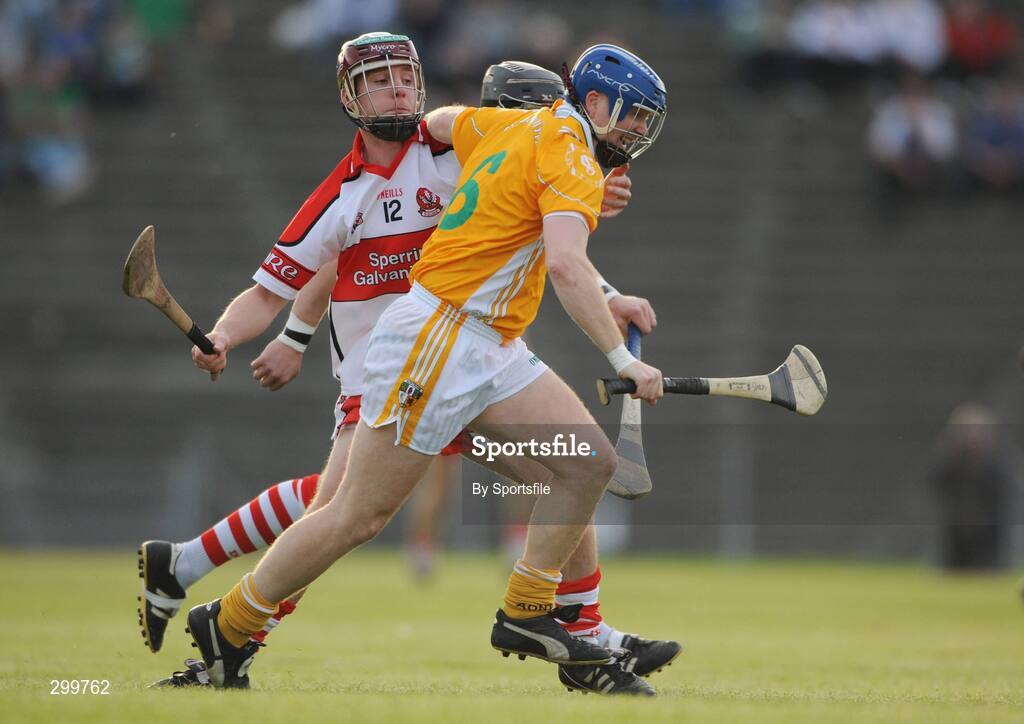1 June 2008; Karl McKeegan, Antrim, in action against Sean Leo McGoldrick, Derry. GAA Hurling Ulster Senior Championship Semi-Final, Antrim v Derry, Casement Park, Belfast, Co. Antrim. Photo by Sportsfile
