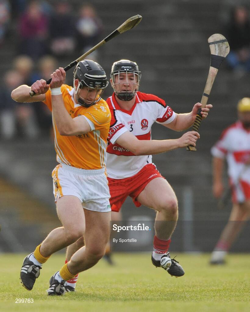 1 June 2008; Cormac Donnelly, Antrim, in action against Conor Quinn, Derry. GAA Hurling Ulster Senior Championship Semi-Final, Antrim v Derry, Casement Park, Belfast, Co. Antrim. Photo by Sportsfile