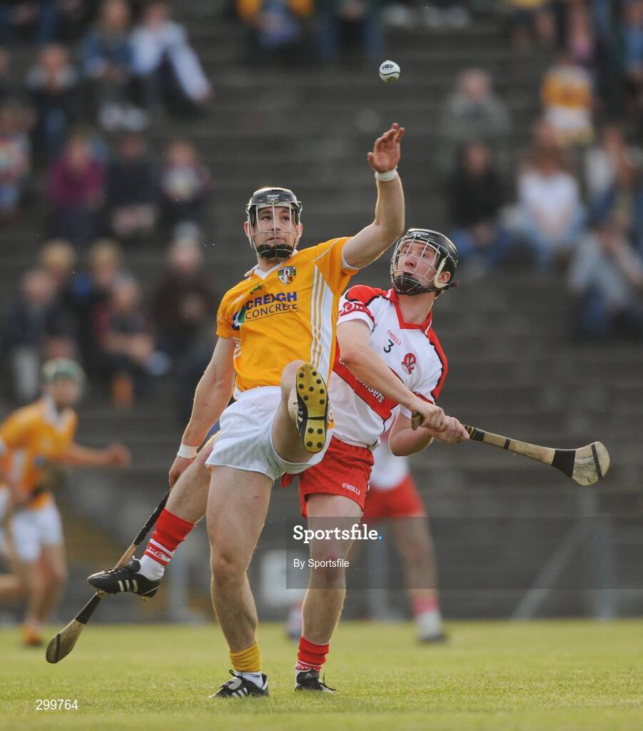 1 June 2008; Cormac Donnelly, Antrim, in action against Conor Quinn, Derry. GAA Hurling Ulster Senior Championship Semi-Final, Antrim v Derry, Casement Park, Belfast, Co. Antrim. Photo by Sportsfile