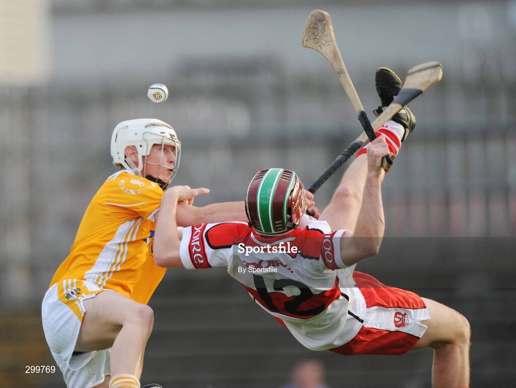 1 June 2008; Arron Graffin, Antrim, in action against Sean Leo McGoldrick, Derry. GAA Hurling Ulster Senior Championship Semi-Final, Antrim v Derry, Casement Park, Belfast, Co. Antrim. Photo by Sportsfile