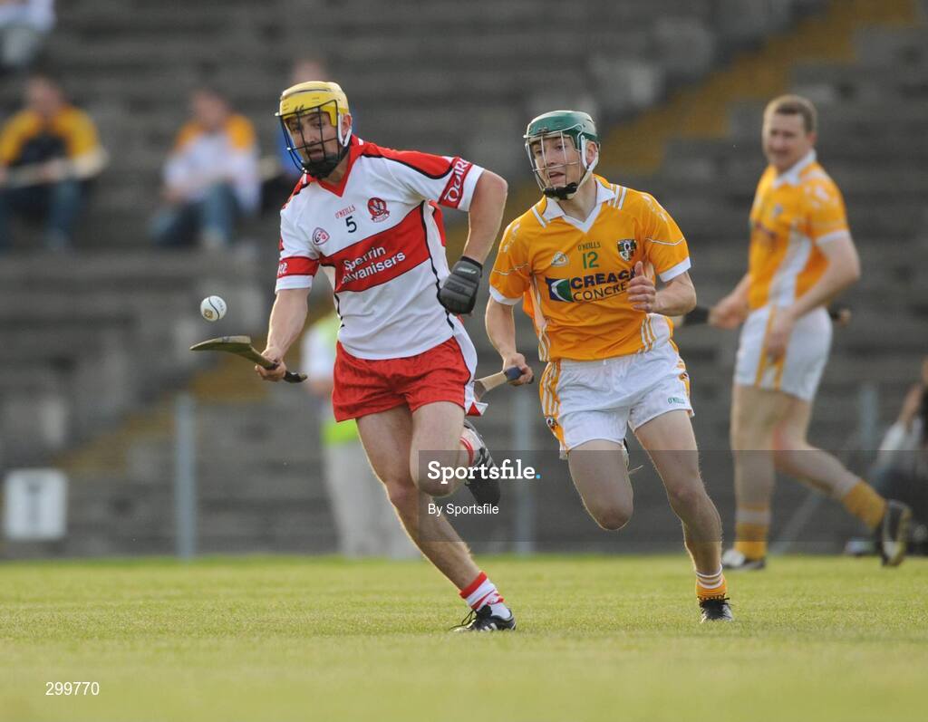 1 June 2008; Ruairi McCloskey, Derry, in action against Paul Shiels, Antrim. GAA Hurling Ulster Senior Championship Semi-Final, Antrim v Derry, Casement Park, Belfast, Co. Antrim. Photo by Sportsfile *** Local Caption *** S0805170 Down v London - GAA Hurling Ulster Senior Championship Semi-Final