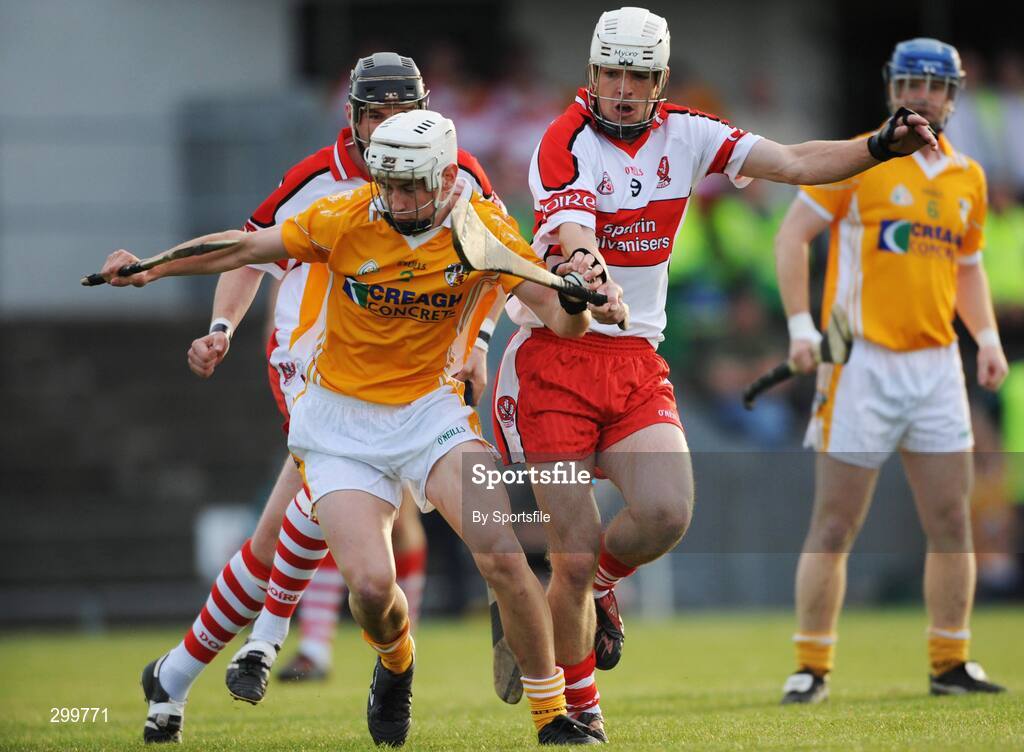 1 June 2008; Arron Graffin, Antrim, in action against Oisin McCloskey, Derry. GAA Hurling Ulster Senior Championship Semi-Final, Antrim v Derry, Casement Park, Belfast, Co. Antrim. Photo by Sportsfile