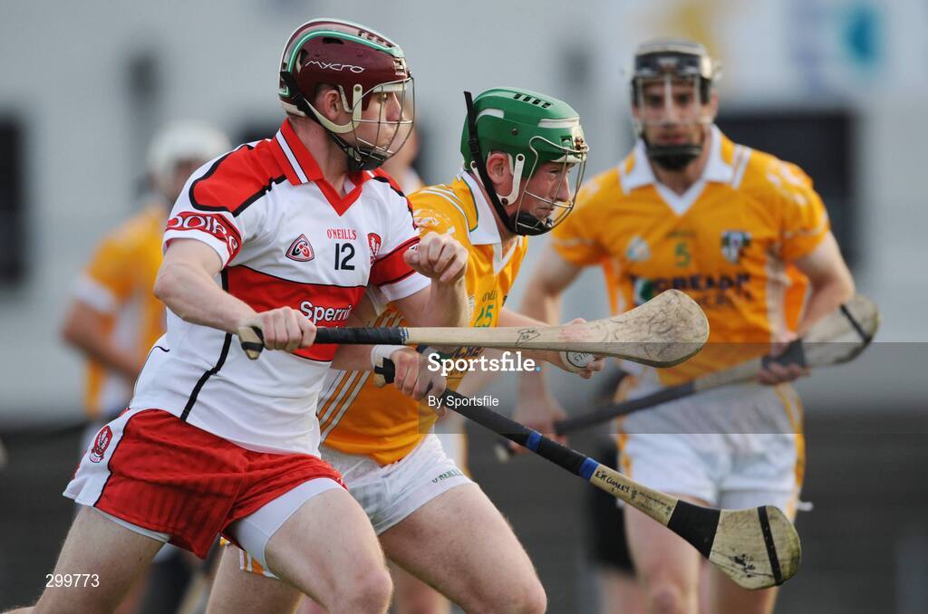 1 June 2008; Eddie McCloskey, Antrim, in action against Sean Leo McGoldrick, Derry. GAA Hurling Ulster Senior Championship Semi-Final, Antrim v Derry, Casement Park, Belfast, Co. Antrim. Photo by Sportsfile