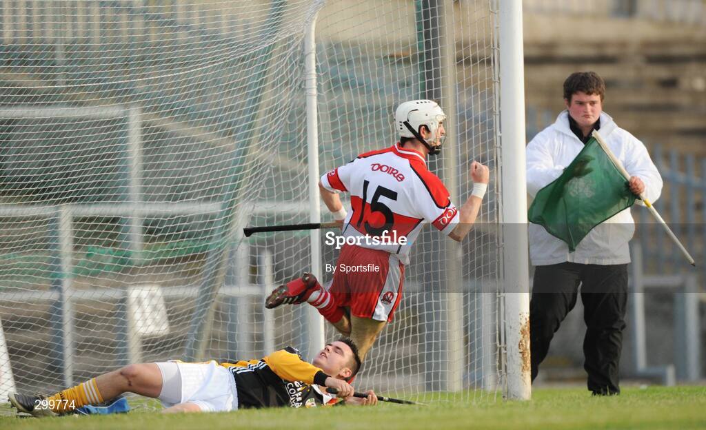 1 June 2008; Gavin Kelly, Derry, celebrates after scoring his side's first goal, as Antrim goalkeeper Ryan McGarry lies on the ground. GAA Hurling Ulster Senior Championship Semi-Final, Antrim v Derry, Casement Park, Belfast, Co. Antrim. Photo by Sportsfile