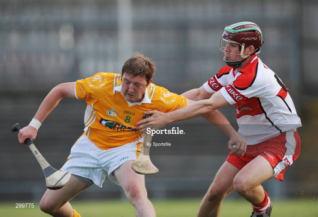 1 June 2008; Karl Stewart, Antrim, in action against Sean Leo McGoldrick, Derry. GAA Hurling Ulster Senior Championship Semi-Final, Antrim v Derry, Casement Park, Belfast, Co. Antrim. Photo by Sportsfile