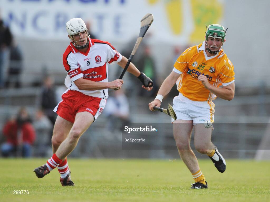 1 June 2008; Eddie McCloskey, Antrim, in action against Oisin McCloskey, Derry. GAA Hurling Ulster Senior Championship Semi-Final, Antrim v Derry, Casement Park, Belfast, Co. Antrim. Photo by Sportsfile