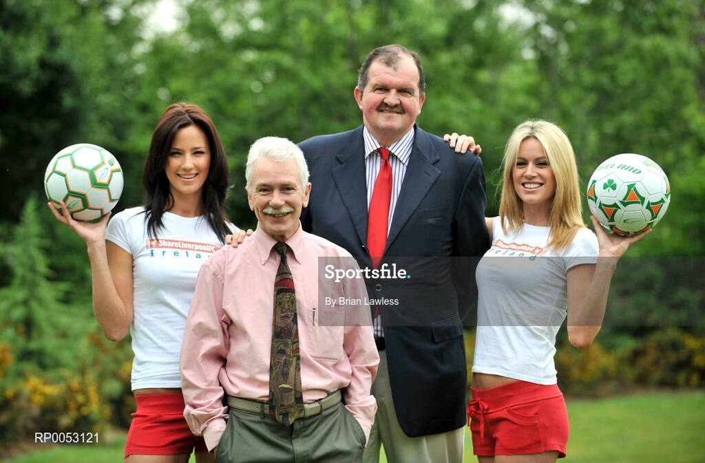 30 May 2008; Dr. Rogan Taylor, Founder of Share Liverpool FC and the Football Supporters Association UK, second from left, and Bernard O'Byrne, National Coordinator of Share Liverpool FC Ireland, with models Baiba Gaile, left, and Jenny Lee Masterson, right, at a photocall to launch Share Liverpool FC Ireland. The Share Liverpool FC initiative was formed in February 2008. The idea is to get 100,000 Liverpool fans to give 6,300euros / £5,000 each to help buy the club out. Citywest Hotel, Saggart, Co. Dublin. Picture credit: Brian Lawless / SPORTSFILE  *** Local Caption ***