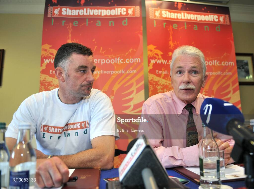 30 May 2008; Dr. Rogan Taylor, Founder of Share Liverpool FC and the Football Supporters Association UK, with former Liverpool and Republic of Ireland player John Aldridge at a press conference to launch Share Liverpool FC Ireland. The Share Liverpool FC initiative was formed in February 2008. The idea is to get 100,000 Liverpool fans to give 6,300euros / £5,000 each to help buy the club out. Citywest Hotel, Saggart, Co. Dublin. Picture credit: Brian Lawless / SPORTSFILE  *** Local Caption ***