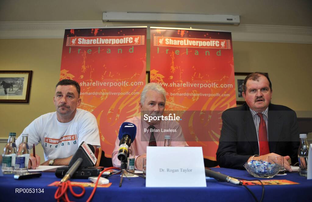 30 May 2008; Dr. Rogan Taylor, Founder of Share Liverpool FC and the Football Supporters Association UK, centre, Bernard O'Byrne, National Coordinator of Share Liverpool FC Ireland, right, and Former Liverpool and Republic of Ireland player John Aldridge, at a press conference to launch Share Liverpool FC Ireland. The Share Liverpool FC initiative was formed in February 2008. The idea is to get 100,000 Liverpool fans to give 6,300euros / £5,000 each to help buy the club out. Citywest Hotel, Saggart, Co. Dublin. Picture credit: Brian Lawless / SPORTSFILE  *** Local Caption ***