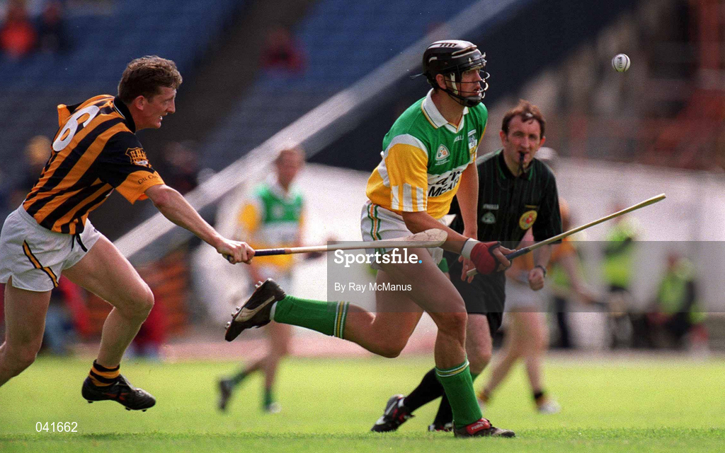 9 July 2000; Gary Hanniffy of Offaly in action against Eamon Kennedy of Kilkenny during the Guinness Leinster Senior Hurling Championship Final match between Kilkenny and Offaly at Croke Park in Dublin. Photo by Ray McManus/Sportsfile