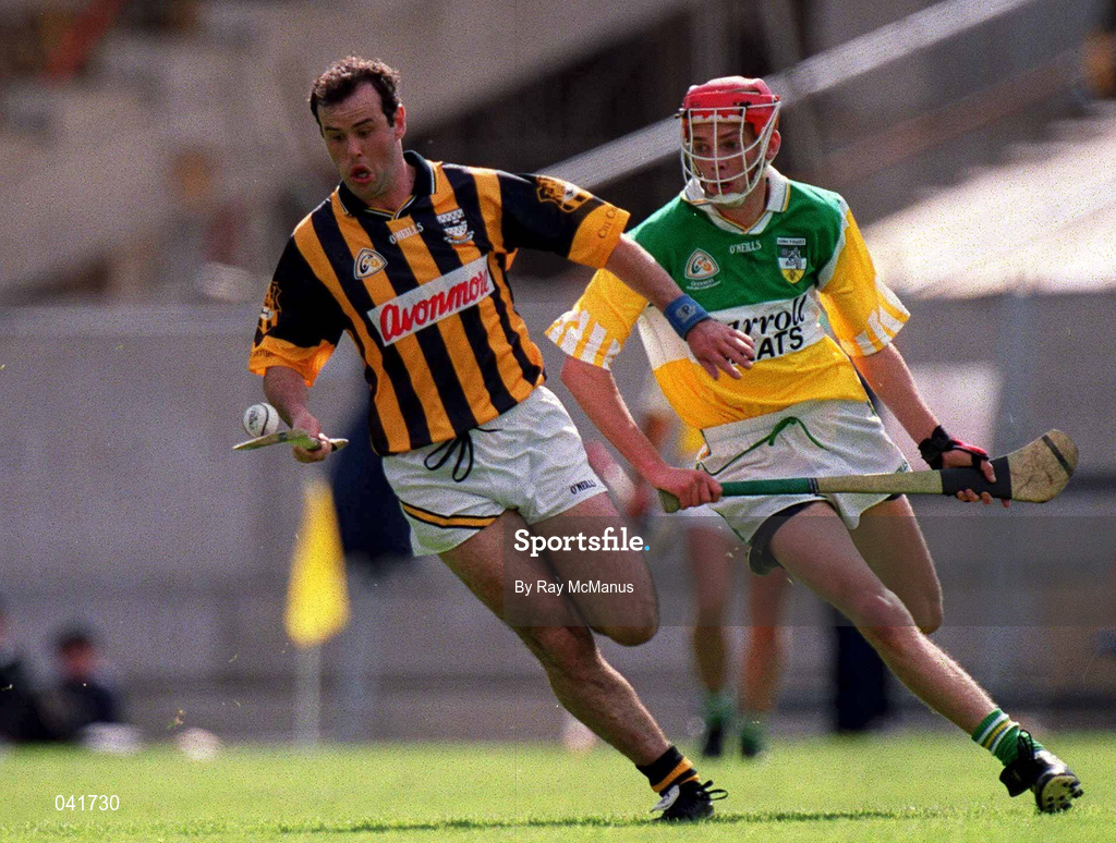 9 July 2000; Brian McEvoy of Kilkenny in action against Aidan Hanrahan of Offaly during the Guinness Leinster Senior Hurling Championship Final match between Kilkenny and Offaly at Croke Park in Dublin. Photo by Ray McManus/Sportsfile