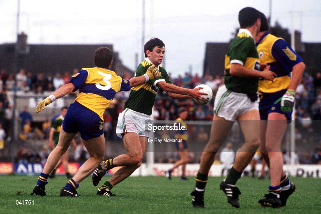 19 July 1992; Carl O'Dwyer of Kerry in action against Gerry Kelly of Clare during the Munster Senior Football Championship Final match between Clare and Kerry at the Gaelic Grounds in Limerick. Photo by Ray McManus/Sportsfile
