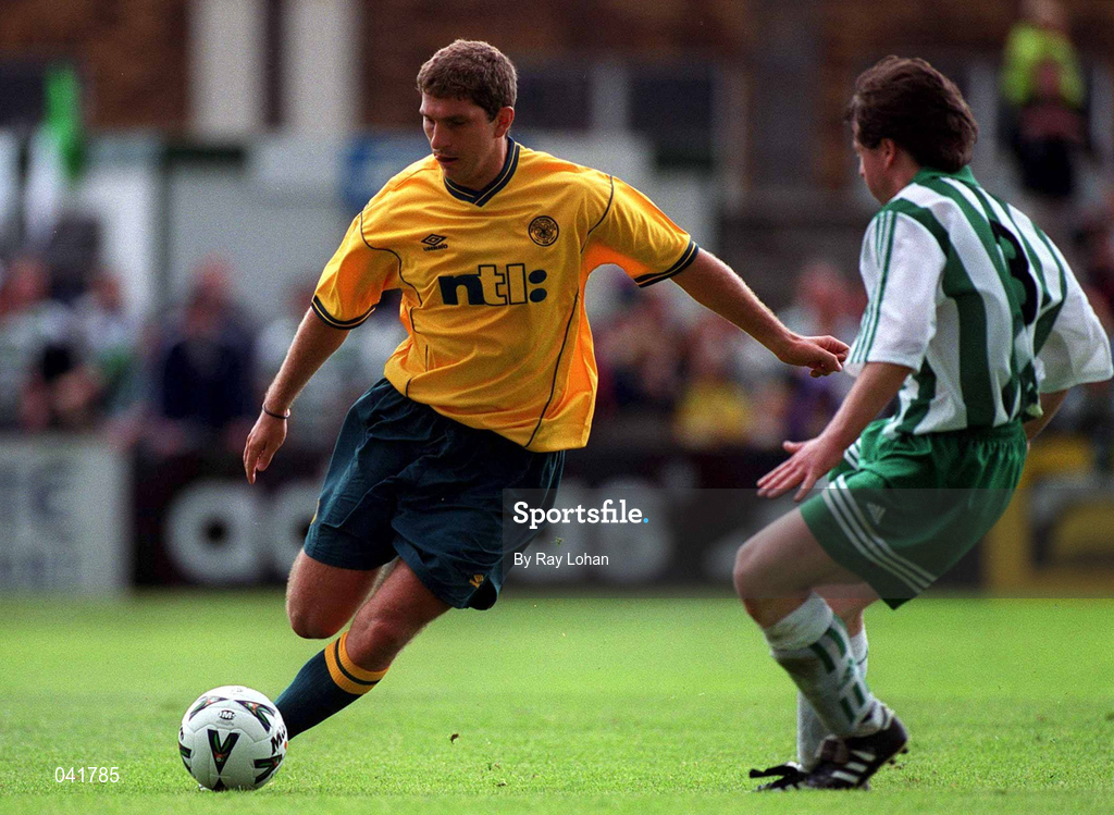 9 July 2000; Rafael of Celtic in action against Maurice Farrell of Bray during the Pre-Season Friendly between Bray Wanderers and Celtic at the Carlisle Grounds in Bray, Wicklow. Photo by Ray Lohan/Sportsfile