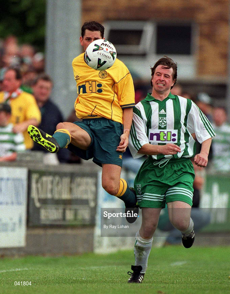 9 July 2000; Jackie McNamara of Celtic in action against Maurice Farrell of Bray Wanderers during the Pre-Season Friendly between Bray Wanderers and Celtic at the Carlisle Grounds in Bray, Wicklow. Photo by Ray Lohan/Sportsfile