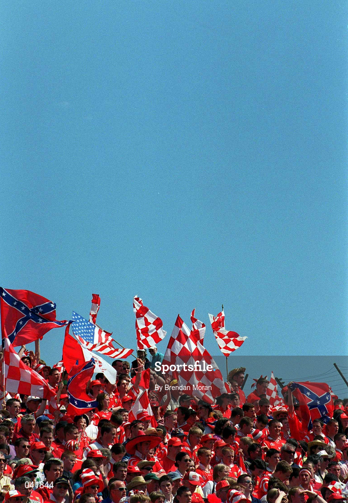 18 June 2000; Cork supporters during the Bank of Ireland Munster Senior Football Championship Semi-Final between Kerry and Cork at Fitzgerald Stadium in Killarney, Kerry. Photo By Brendan Moran/Sportsfile