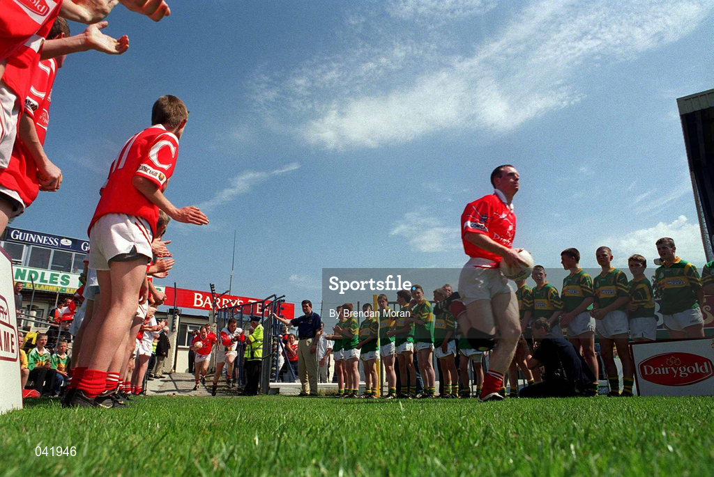18 June 2000; Philip Clifford of Cork leads out his team ahead of the Bank of Ireland Munster Senior Football Championship Semi-Final between Kerry and Cork at Fitzgerald Stadium in Killarney, Kerry. Photo By Brendan Moran/Sportsfile