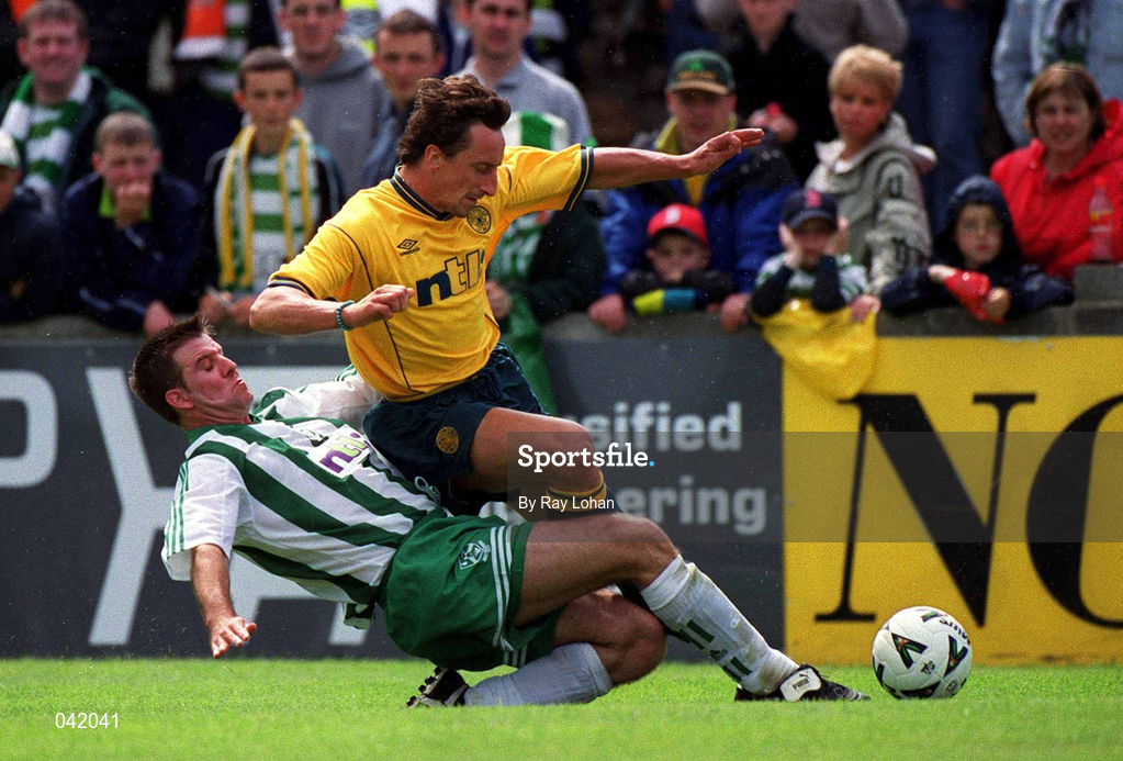 9 July 2000; Stephane Crainey of Celtic is tackled by Barry O'Connor of Bray Wanderers during the Pre-Season Friendly between Bray Wanderers and Celtic at the Carlisle Grounds in Bray, Wicklow. Photo by Ray Lohan/Sportsfile