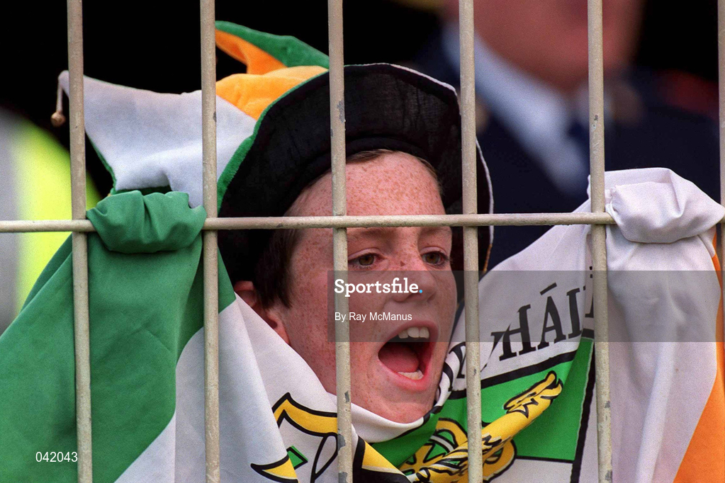 9 July 2000; Offaly supporter Peter Dunne, aged 11, from Ballycumber, Co Offaly, watches on during the Guinness Leinster Senior Hurling Championship Final match between Kilkenny and Offaly at Croke Park in Dublin. Photo by Ray McManus/Sportsfile
