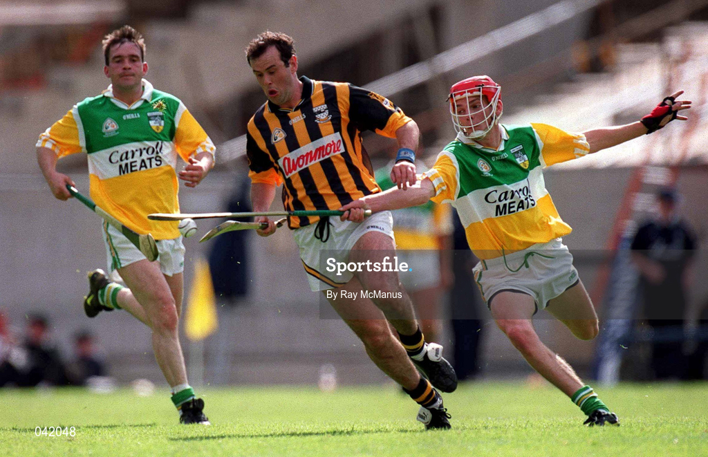 9 July 2000; Brian McEvoy of Kilkenny in action against Aidan Hanrahan of Offaly, right, during the Guinness Leinster Senior Hurling Championship Final match between Kilkenny and Offaly at Croke Park in Dublin. Photo by Ray McManus/Sportsfile