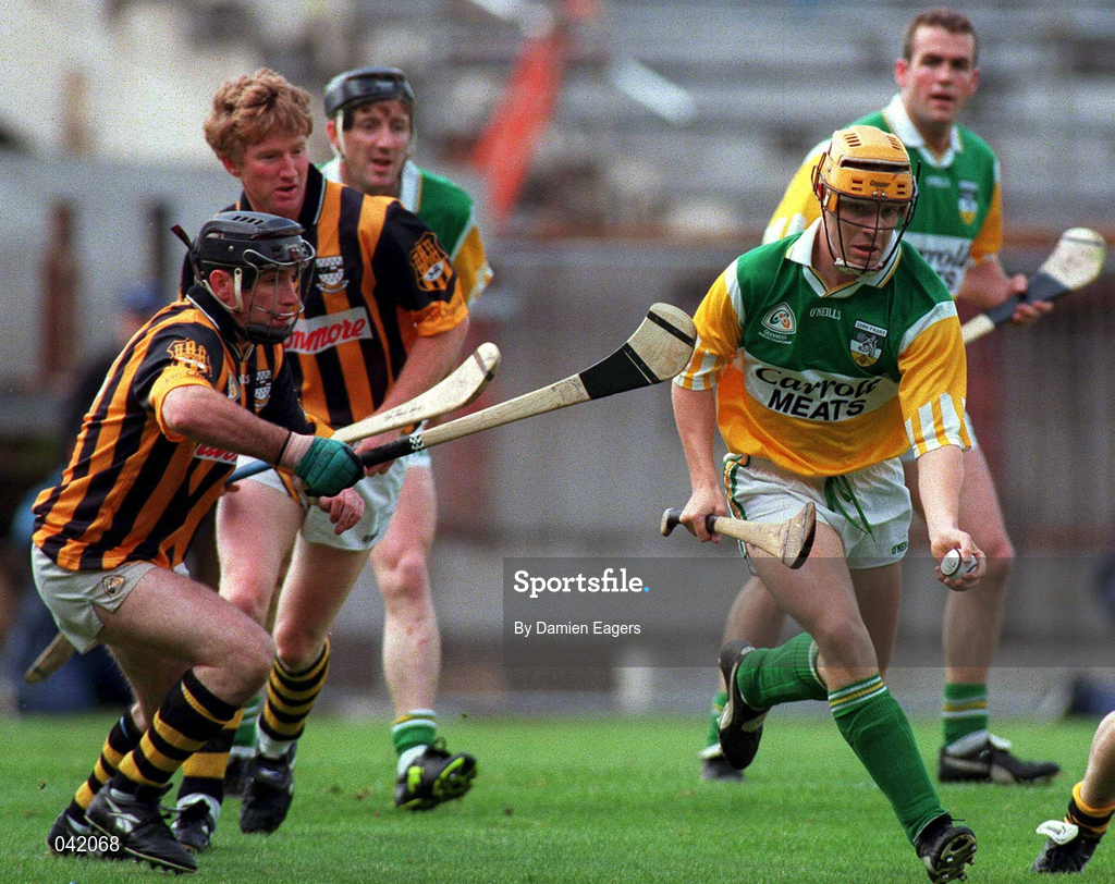 9 July 2000; Niall Claffery of Offaly in action against DJ Carey of Kilkenny during the Guinness Leinster Senior Hurling Championship Final match between Kilkenny and Offaly at Croke Park in Dublin. Photo by Damien Eagers/Sportsfile