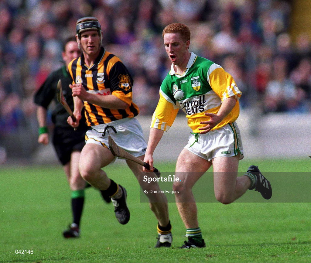 9 July 2000; Barry Whelahan of Offaly in action against Denis Byrne of Kilkenny during the Guinness Leinster Senior Hurling Championship Final match between Kilkenny and Offaly at Croke Park in Dublin. Photo by Damien Eagers/Sportsfile