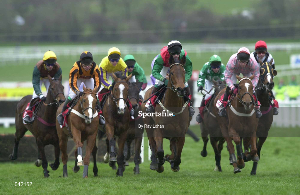 16 March 2000; Limestone Lad, with Shane McGovern up, in green and red silks, leads the field first time round during the Bonusprint Stayers Hurdle on Day Three of the Cheltenham Racing Festival at Prestbury Park in Cheltenham, England. Photo by Ray Lohan/Sportsfile