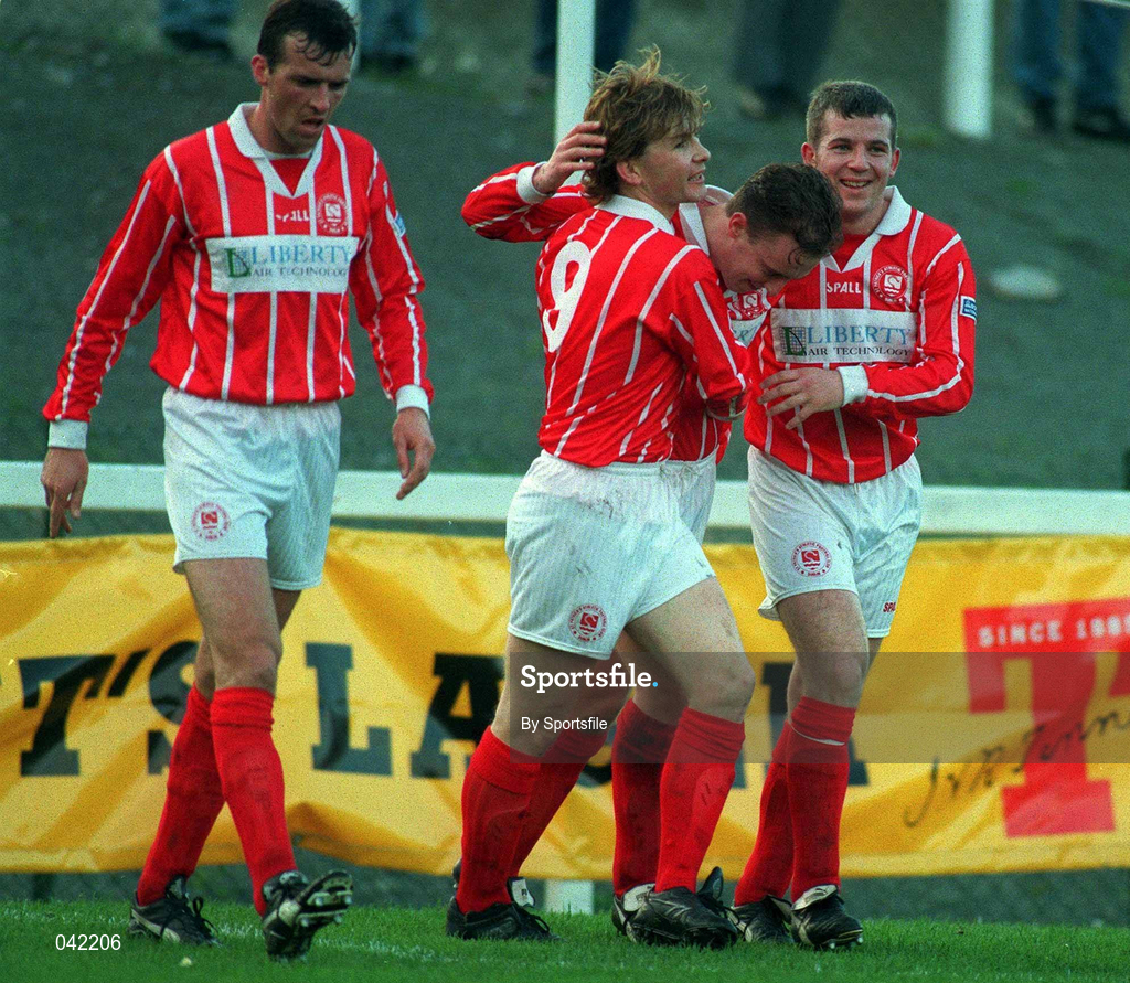 31 October 1994; Derek Dunne of St Patrick's Athletic, far right, celebrates a goal with team-mates during the Bord Gáis National League Premier Division match between St Patrrick's Athletic and Cobh Ramblers at Richmond Park in Dublin. Photo by Sportsfile