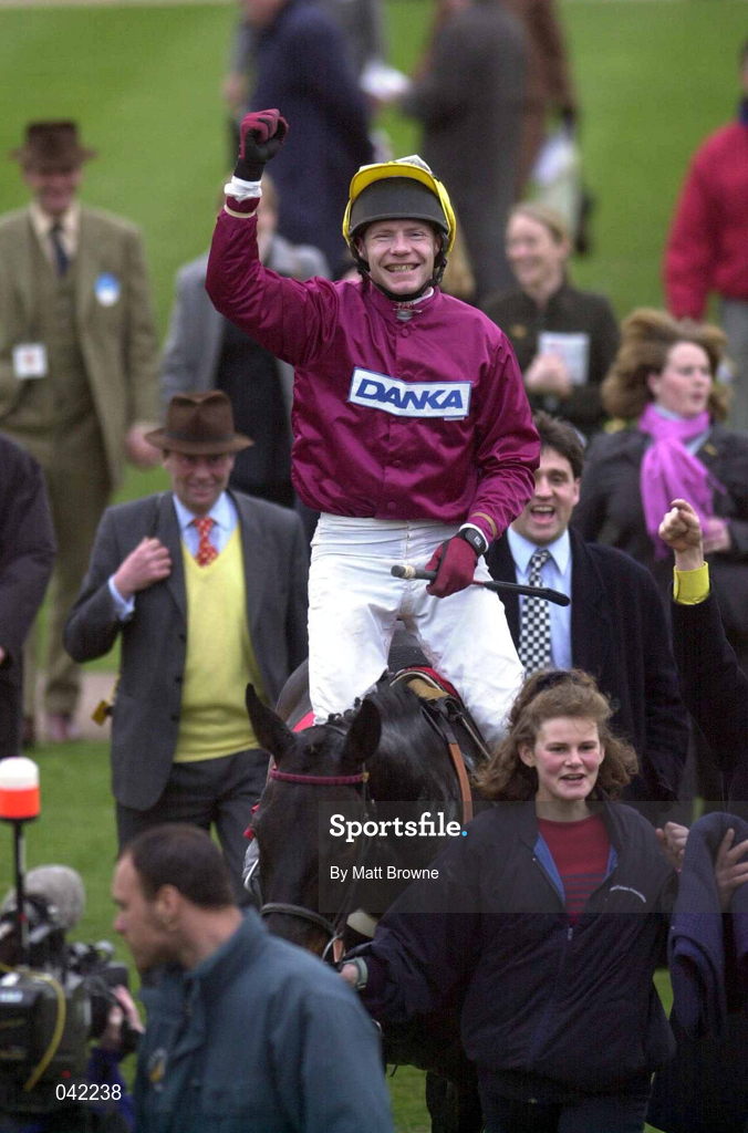 16 March 2000; Mick Fitzgerald on Stormyfairweather, celebrates after winning the Cathcart Chellenge Cup Chase on Day Three of the Cheltenham Racing Festival at Prestbury Park in Cheltenham, England. Photo by Matt Browne/Sportsfile