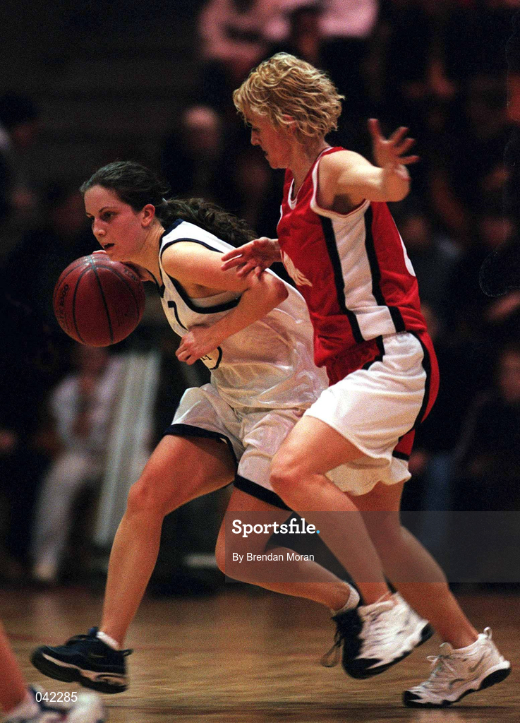 28 January 2000; Lisa Timmons of Meteors in action against Angie McNally of Tolka Rovers during the Senior Women's Sprite Cup Semi-Final between Tolka Rovers and Meteors at the National Basketball Arena in Tallaght, Dublin. Photo By Brendan Moran/Sportsfile