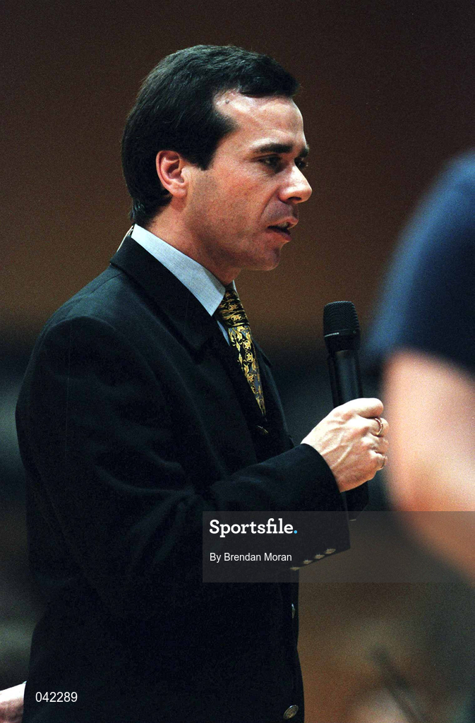 28 January 2000; RTE Broadcaster Peter Collins during the Senior Women's Sprite Cup Semi-Final between Tolka Rovers and Meteors at the National Basketball Arena in Tallaght, Dublin. Photo By Brendan Moran/Sportsfile