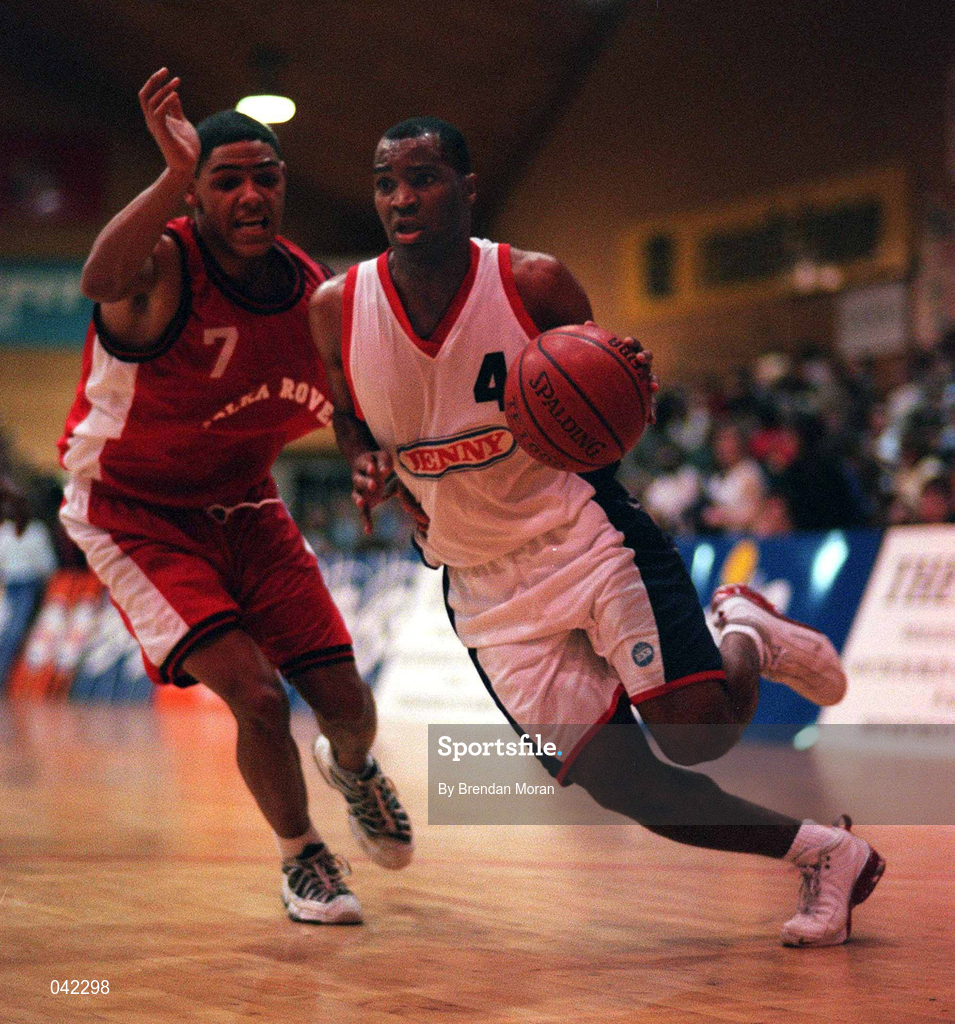 28 January 2000; Brian Benjamin of Denny Notre Dame in action against Joey Haastrup of Tolka Rovers during the Senior Men's Sprite Cup Semi-Final between Tolka Rovers and Denny Notre Dame at the National Basketball Arena in Tallaght, Dublin. Photo By Brendan Moran/Sportsfile