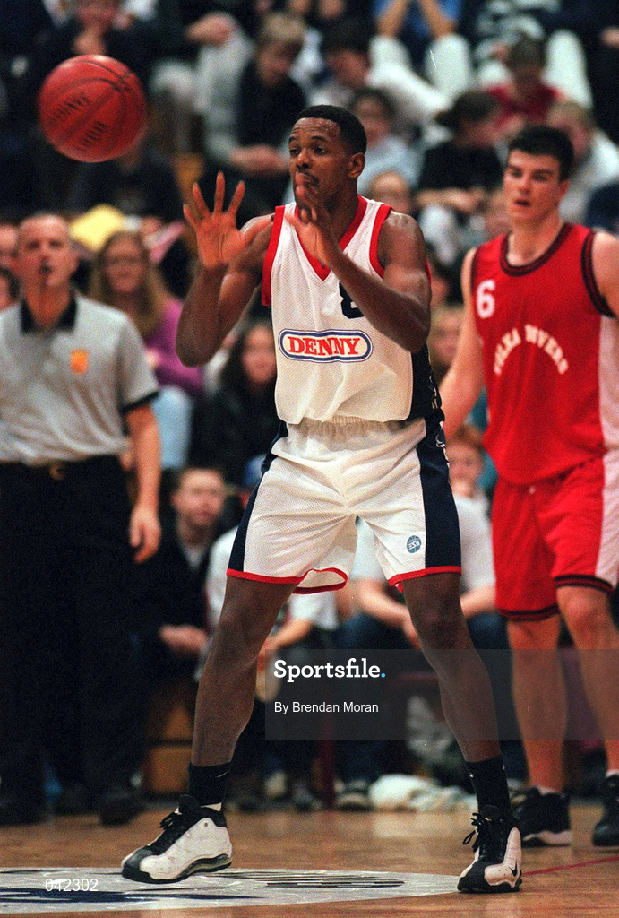 28 January 2000; Eric Blair of Denny Notre Dame during the Senior Men's Sprite Cup Semi-Final between Tolka Rovers and Denny Notre Dame at the National Basketball Arena in Tallaght, Dublin. Photo By Brendan Moran/Sportsfile