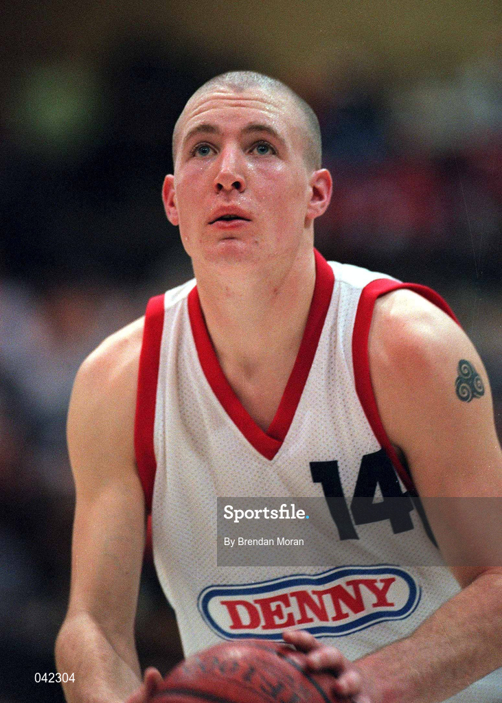 28 January 2000; Ciaran Dempsey of Denny Notre Dame during the Senior Men's Sprite Cup Semi-Final between Tolka Rovers and Denny Notre Dame at the National Basketball Arena in Tallaght, Dublin. Photo By Brendan Moran/Sportsfile