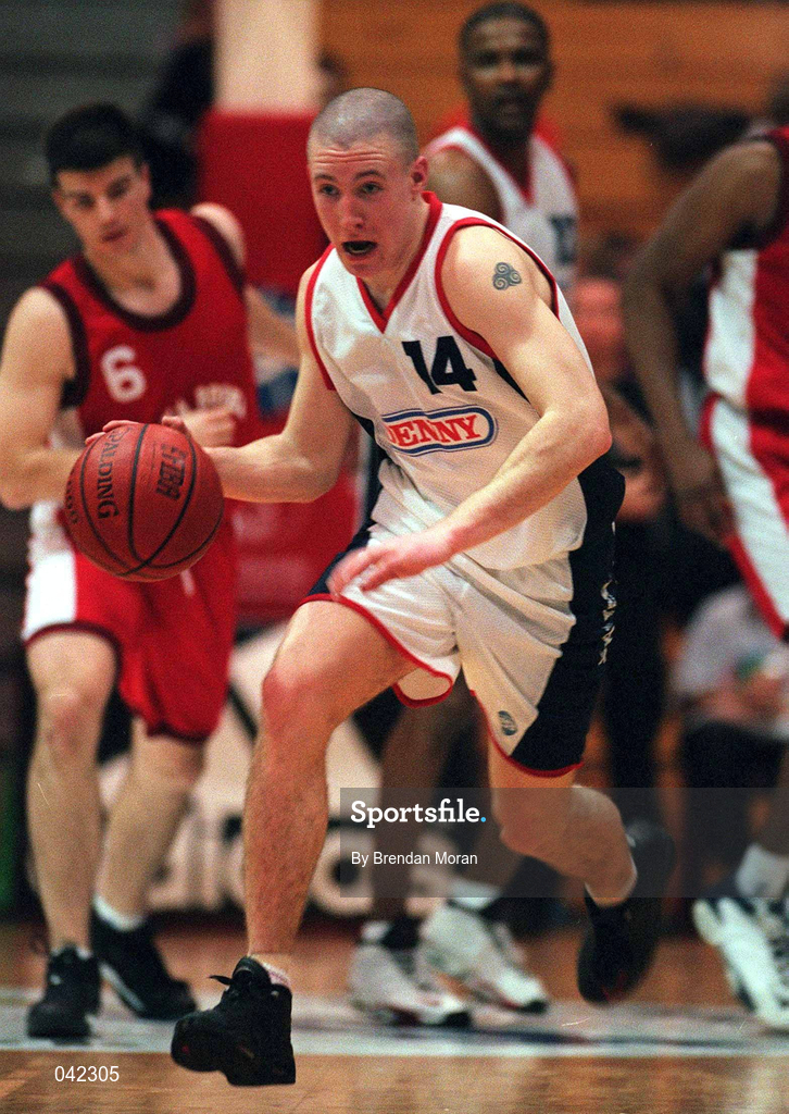 28 January 2000; Ciaran Dempsey of Denny Notre Dame during the Senior Men's Sprite Cup Semi-Final between Tolka Rovers and Denny Notre Dame at the National Basketball Arena in Tallaght, Dublin. Photo By Brendan Moran/Sportsfile