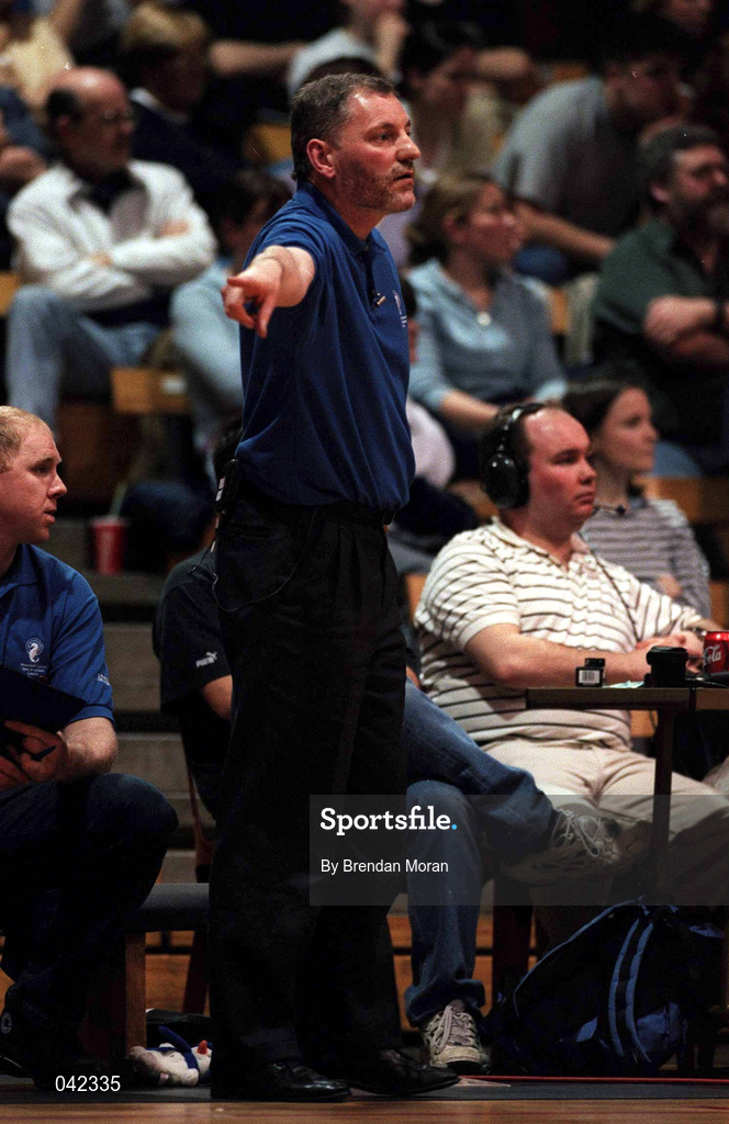 29 January 2000; Waterford Crystal coach Michael Evans during the Men's Sprite Cup Semi-Final match between St Vincent's and Waterford Crystal at the National Basketball Arena in Tallaght, Dublin. Photo By Brendan Moran/Sportsfile