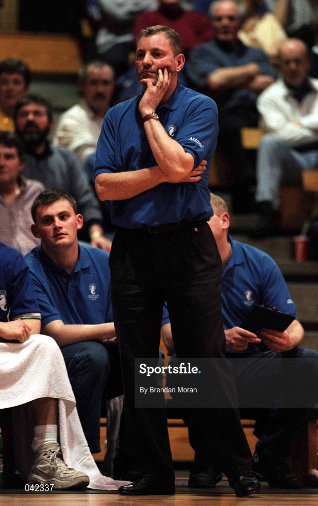 29 January 2000; Waterford Crystal coach Michael Evans during the Men's Sprite Cup Semi-Final match between St Vincent's and Waterford Crystal at the National Basketball Arena in Tallaght, Dublin. Photo By Brendan Moran/Sportsfile