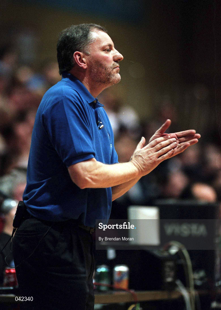 29 January 2000; Waterford Crystal coach Michael Evans during the Men's Sprite Cup Semi-Final match between St Vincent's and Waterford Crystal at the National Basketball Arena in Tallaght, Dublin. Photo By Brendan Moran/Sportsfile