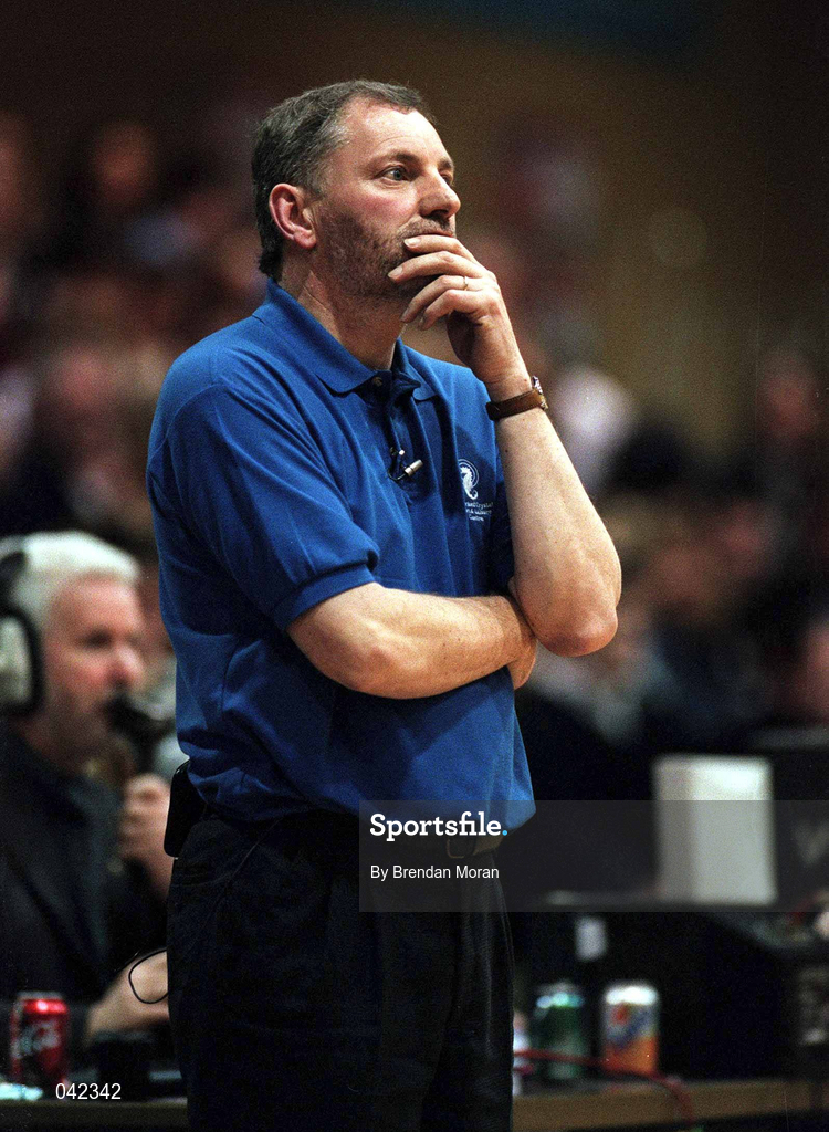 29 January 2000; Waterford Crystal coach Michael Evans during the Men's Sprite Cup Semi-Final match between St Vincent's and Waterford Crystal at the National Basketball Arena in Tallaght, Dublin. Photo By Brendan Moran/Sportsfile