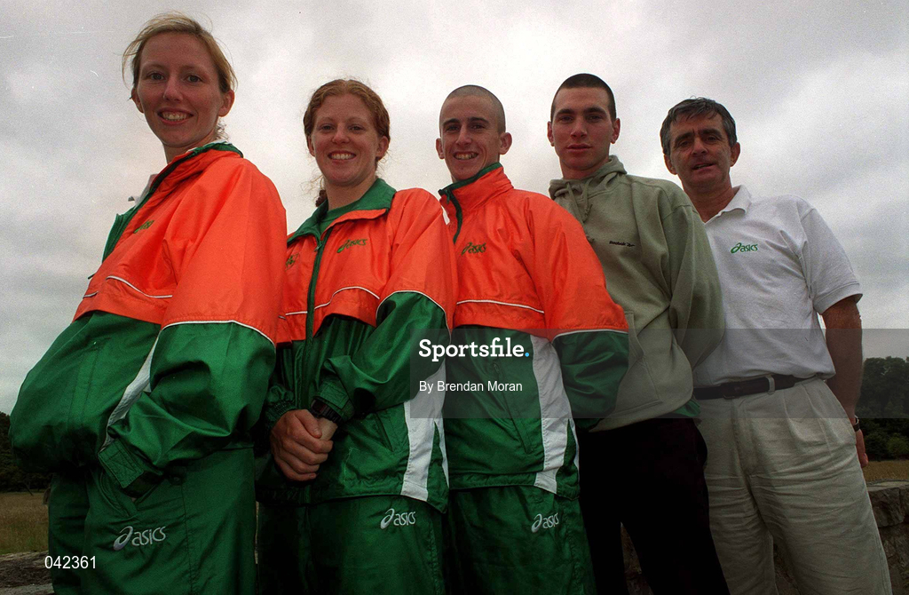 15 July 2000;  Team Ireland Race Walkers, from left, Olive Loughnane, Gillian O'Sullivan, Robert Heffernan and Jamie Costin, with Team Ireland Athletics manager Patsy McGonagle, far right, during a training session in Pheonix Park, Dublin, ahead of the 2000 Olympic Games which will be held in Sydney, Australia. Photo By Brendan Moran/Sportsfile