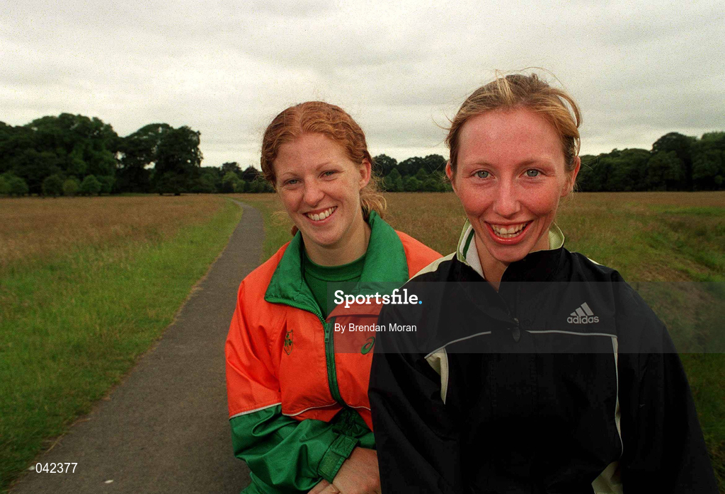 15 July 2000; Gillian O'Sullivan, left, and Olive Loughnane pose for a portrait during a Team Ireland Race Walking training session in Pheonix Park, Dublin, ahead of the 2000 Olympic Games which will be held in Sydney, Australia. Photo By Brendan Moran/Sportsfile