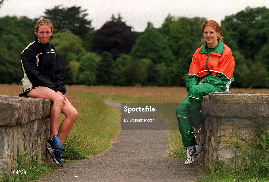 15 July 2000; Olive Loughnane, left, and Gillian O'Sullivan, pose for a portait during a Team Ireland Race Walking training session in Pheonix Park, Dublin, ahead of the 2000 Olympic Games which will be held in Sydney, Australia. Photo By Brendan Moran/Sportsfile
