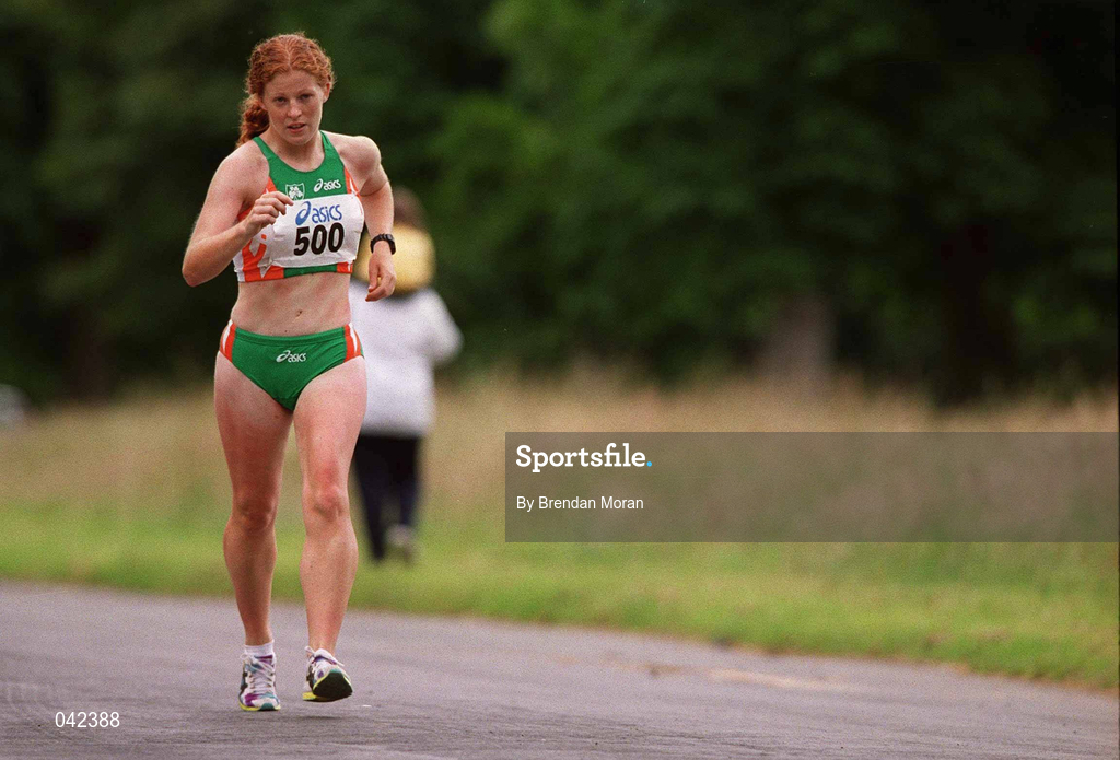 15 July 2000; Gillian O'Sullivan during a Team Ireland Race Walking training session in Pheonix Park, Dublin, ahead of the 2000 Olympic Games which will be held in Sydney, Australia. Photo By Brendan Moran/Sportsfile