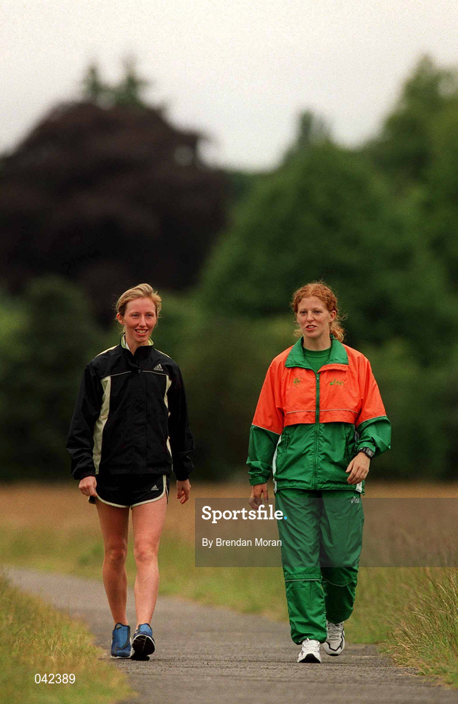 15 July 2000; Olive Loughnane, left, and Gillian O'Sullivan during a Team Ireland Race Walking training session in Pheonix Park, Dublin, ahead of the 2000 Olympic Games which will be held in Sydney, Australia. Photo By Brendan Moran/Sportsfile