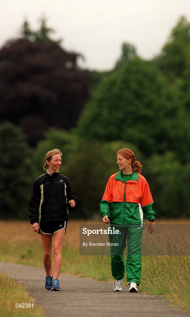 15 July 2000; Olive Loughnane and Gillian O'Sullivan during a Team Ireland Race Walking training session in Pheonix Park, Dublin, ahead of the 2000 Olympic Games which will be held in Sydney, Australia. Photo By Brendan Moran/Sportsfile