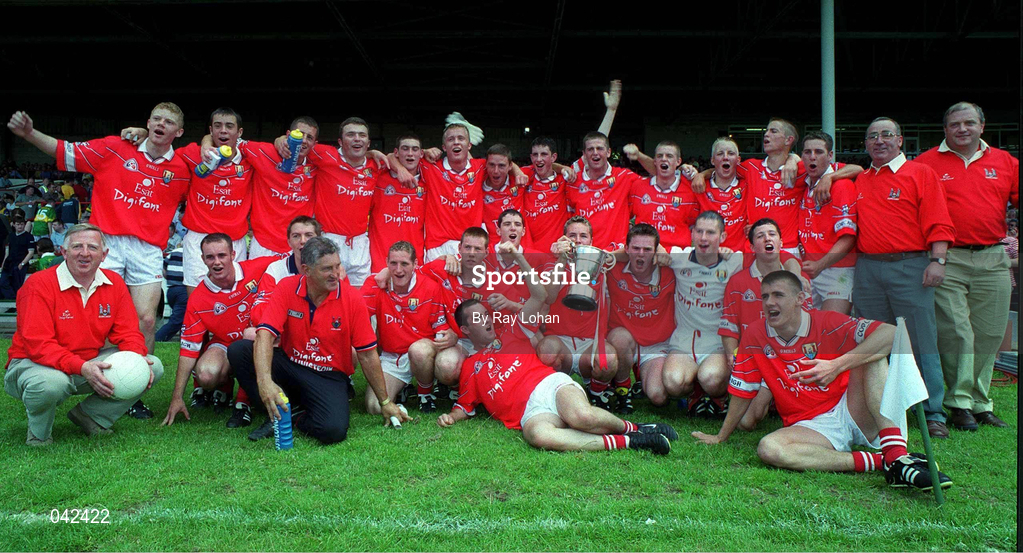 16 July 2000; The Cork team celebrate with the cup following the Munster Minor Football Championship Final between Kerry and Cork at the Gaelic Grounds in Limerick. Photo by Ray Lohan/Sportsfile